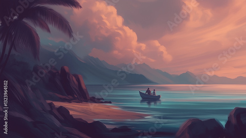 Tropical Sunset with Dark Hues and Palm Silhouettes