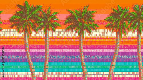 80s Retro Beach with Electric Colors and Palm Trees