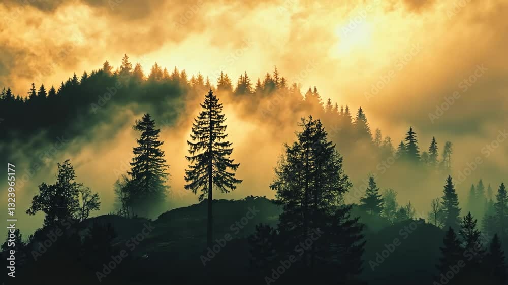 cloud floating over coniferous tree at valley with dawn sunrise light