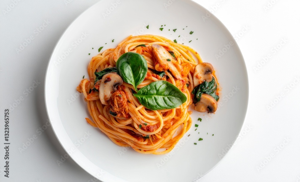 Serving of Mushroom and Spinach Pasta with Tomato Sauce on White Plate Serving of Mushroom and Spinach Pasta with Tomato Sauce on White Plate