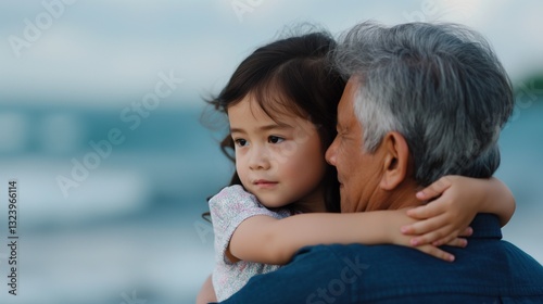 Obraz na płótnie Asian grandfather hugging granddaughter near ocean portrait image. Little girl gaze, senior man protective embrace photography human scene. Intergenerational love concept photo-realistic w salonie