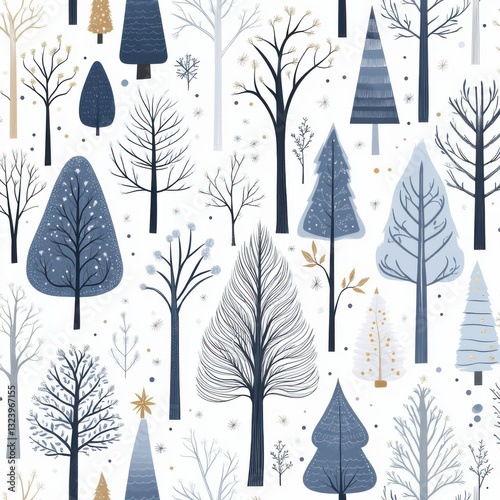 seamless pattern of blue retro mid-century christmas tress on a white background