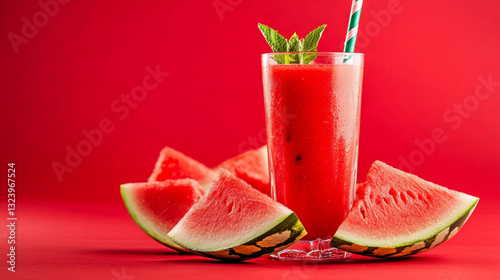 Watermelon smoothie on red isolated background. Several sliced pieces of watermelon.