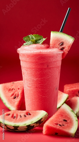 Watermelon smoothie on red isolated background. Several sliced pieces of watermelon.