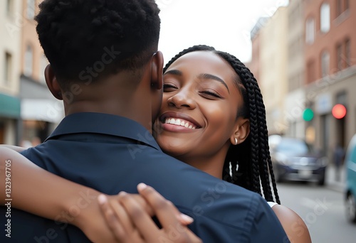 Happy Black Couple Embracing on City Street