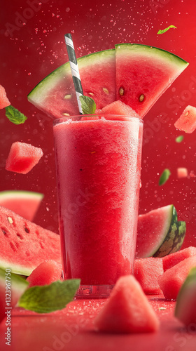 Watermelon smoothie on red isolated background. Several sliced pieces of watermelon.