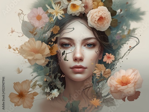 A surreal digital painting of a woman's face merging with blooming flowers symbolizing a deep connection with nature.