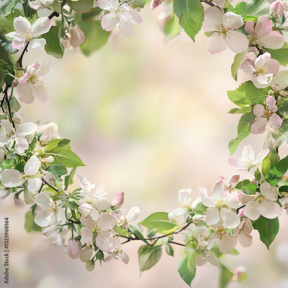 Obraz premium Spring floral wreath with delicate pink blossoms and fresh green leaves on a neutral background. Soft pastel tones, botanical composition, perfect for seasonal design and branding. Generative ai