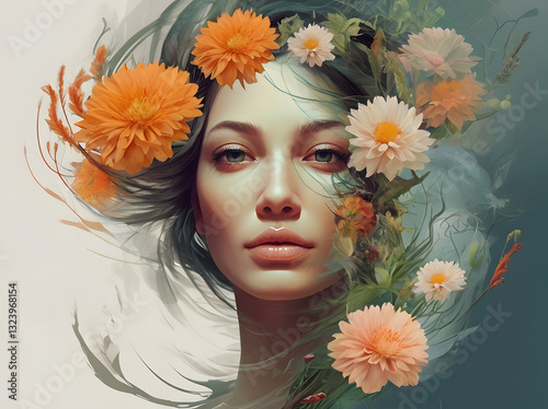 A surreal digital painting of a woman's face merging with blooming flowers symbolizing a deep connection with nature.