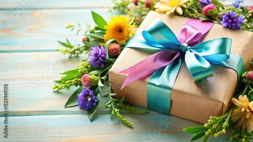 A colorful ribbon with flowers and greenery wrapped around a gift box with a bow tied on top , cotillon ruban cadeau, bow tie