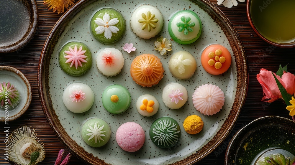 Traditional Japanese dessert confectionery cake wagashi or snow skin mooncake, generated AI Traditional Japanese dessert confectionery cake wagashi or snow skin mooncake, generated AI