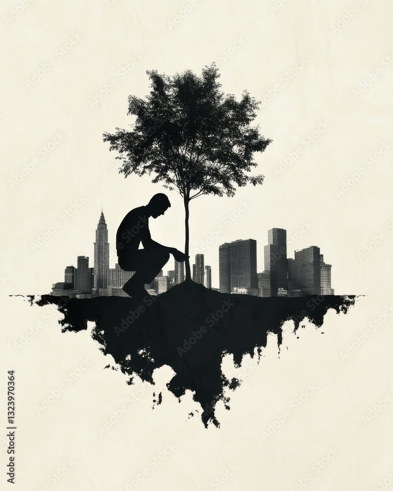 Obraz premium Protecting the Earth and Sustainability Theme. Silhouette of a Person Planting a Tree in a Cityscape