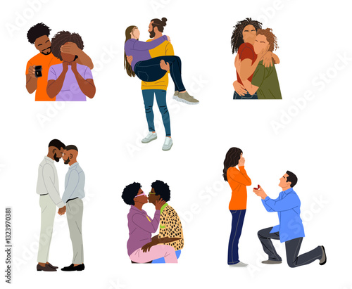 Happy love couples set. Men and women kissing, hugging, doing Engagement proposal. Diverse people in romantic relationships. Colored flat vector illustration of lovers isolated