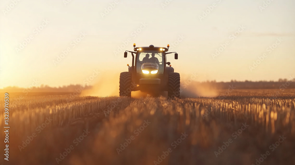 Fototapeta premium A farmer driving a gas-powered tractor through golden fields