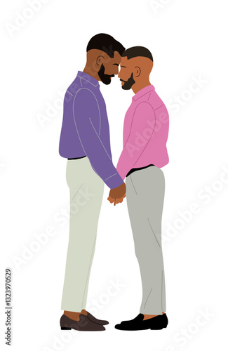 Homosexual gay couple in love. Happy lovers on date, engagement. Best friends standing together holding hands. Romantic lgbt, homosexual boyfriends. Vector illustration isolated