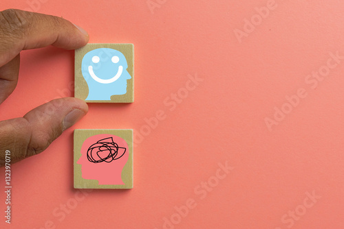 Mental health and emotional wellness concept.,hand choosing a happy mind over stress. Perfect for therapy, self-improvement, mindfulness, counseling, psychology, and mental resilience content.