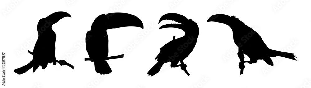 Naklejka premium Set of Black silhouettes of toucan. Tropical exotic bird monochrome vector illustration isolated on white background. Icon, logo, clipart.