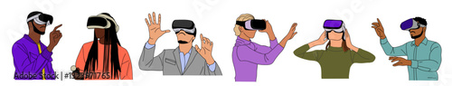 Set of diverse people in virtual reality headset. Different Men and women wearing digital glasses travel in metaverse. Modern technologies. Flat Vector illustrations isolated 