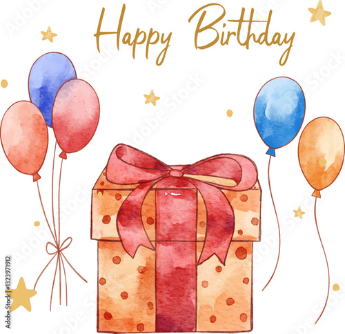 Watercolor Gift Box with Balloons. Graphic vector perfect for Birthday party, Valentine, Print for invitation card, Poster Template