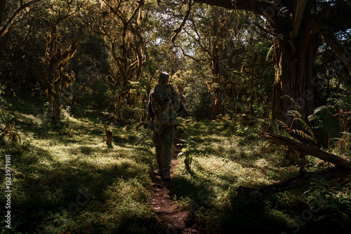 Fotografía Park ranger walking on mount meru trekking in arusha national park, tanzania