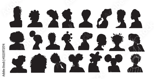 Silhouettes of african american women set. Big collection of female head icons with head wrap, earring, accessories, afro hairstyle. Beautiful black girls profile avatars. Vector illustration isolated