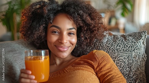  woman in a cozy living room, holding a glass of orange juice  photo