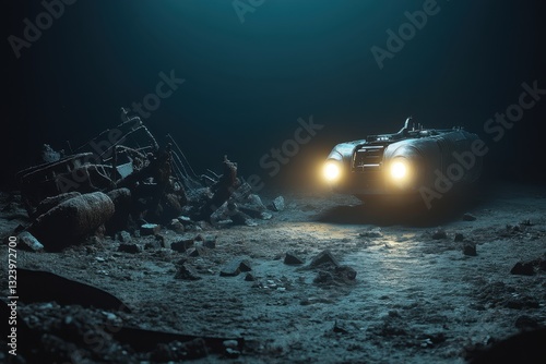 Exploring a submerged vehicle in deep water at an underwater wreck site