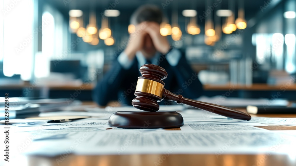 A gavel rests on scattered documents in a courtroom