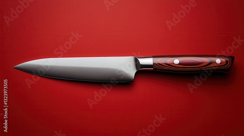 A gleaming red kitchen knife, adorned with a rich wooden handle, rests on a vibrant red background, ready to embark on culinary adventures.