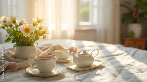 Wallpaper Mural Serene morning tea experience in a sunlit bedroom with fresh flowers, cozy ambiance, and a warm beverage for relaxation Torontodigital.ca