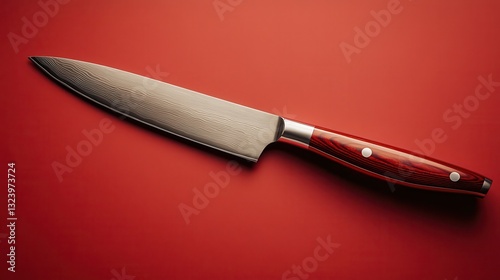 A gleaming red kitchen knife, adorned with a rich wooden handle, rests on a vibrant red background, ready to embark on culinary adventures.