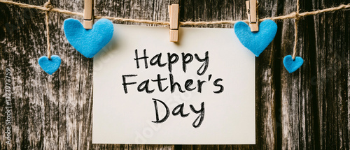 A rustic Father’s Day greeting card with handwritten text hangs on a wooden background decorated with small blue hearts on a string  
