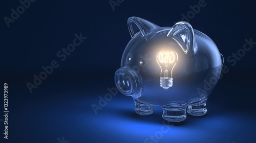 A glass piggy bank with a glowing LED bulb inside, on a dark blue background with soft lighting and space for text. Suitable for various design and advertising scenarios.
