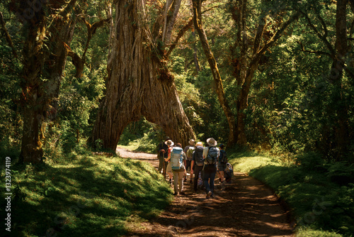 Hikers walking under fig tree arch on mount meru, arusha national park, tanzania