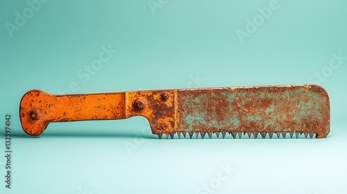 A weathered handsaw, its teeth dulled by years of service, lay nestled on a light blue surface, a testament to its resilience and enduring utility.