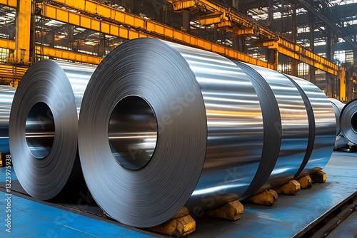 Large coils of rolled metal sitting in an industrial environment