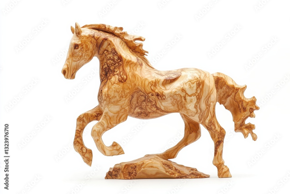 Fototapeta premium Running horse sculpture with carved wood texture isolated on Transparent Background