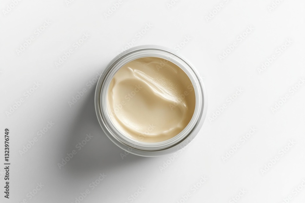 Shea butter body cream jar, isolated on white background, top view, high contrast, product photography, e-commerce showcase