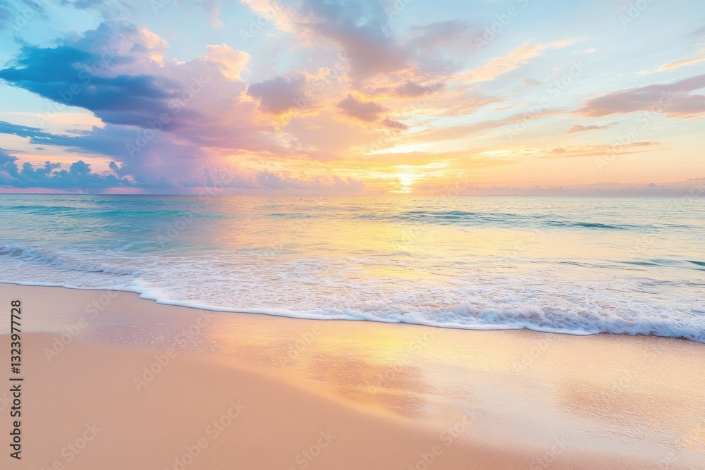 Serene beach sunset, tranquil waves, soft golden hues