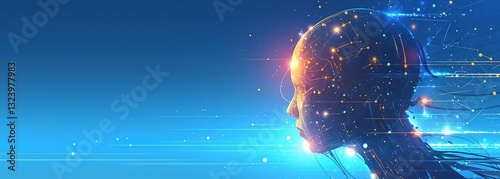 Dynamic AI head illustration with flowing data particles and glowing digital lines forming neural networks, dark blue tech-themed backdrop for machine learning publications or AI startup branding mate
