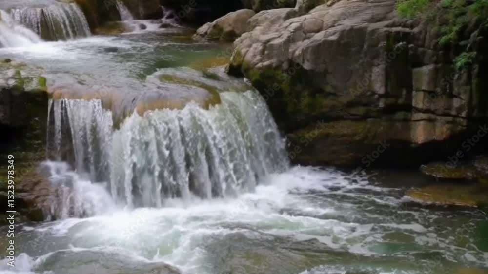 Serene Waterfall Cascading Over Rocks in Lush Green Forest Setting Serene Waterfall Cascading Over Rocks in Lush Green Forest Setting