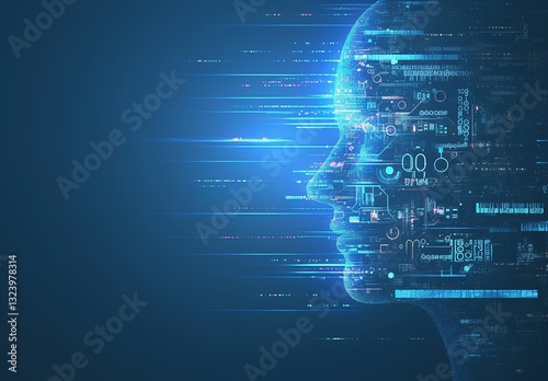 Abstract AI face profile with interconnected data streams and glowing circuit lines on deep blue background, minimal tech style for cybersecurity awareness campaigns or futuristic software interface c