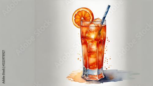 Hand-Painted Watercolor Illustration of Aperol Spritz Cocktail, Isolated on White Background