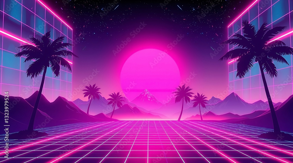 Fototapeta premium Retro 80s Synthwave Grid Background for Gaming and Tech Branding