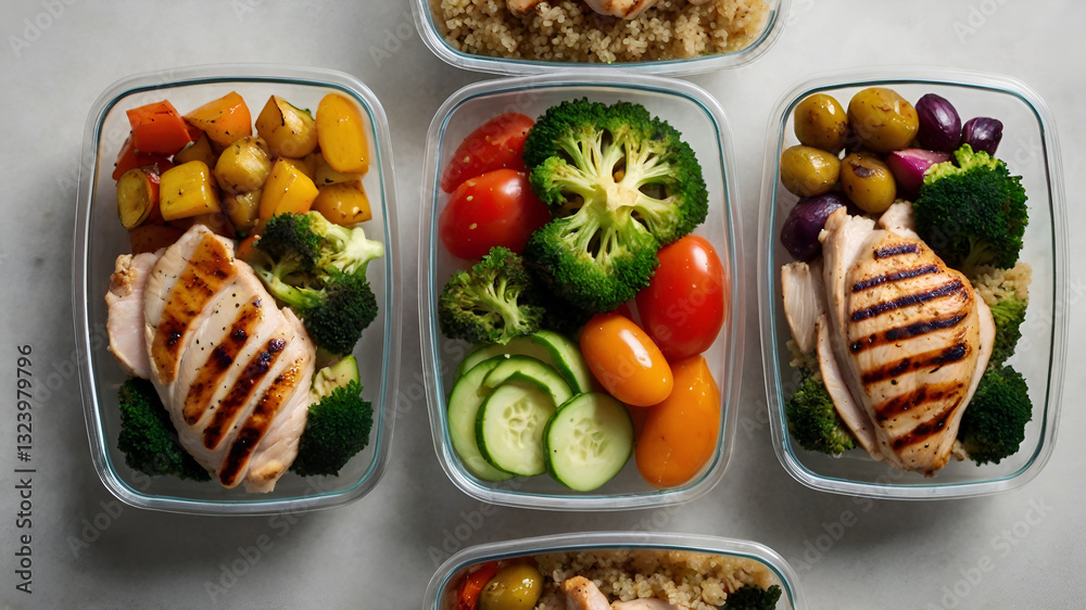 Nutritious Meal-Prep Containers with Grilled Chicken, Quinoa, and Roasted Vegetables Arranged Aesthetically Nutritious Meal-Prep Containers with Grilled Chicken, Quinoa, and Roasted Vegetables Arranged Aesthetically