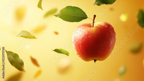 Bright photo. Falling tasty apple with a couple of green leaves, on an isolated yellow background