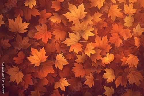 Overhead perspective of autumn forest floor blanketed with crimson and amber maple leaves, ultra-sharp 8K resolution for nature-themed website headers or fall festival promotional posters.