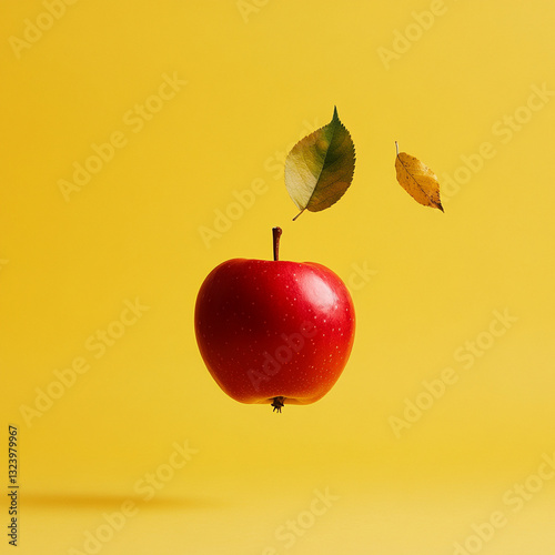 Bright photo. Falling tasty apple with a couple of green leaves, on an isolated yellow background