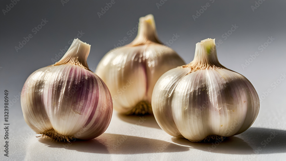 Obraz premium Close-up of four fresh, plump garlic cloves isolated on a white background
