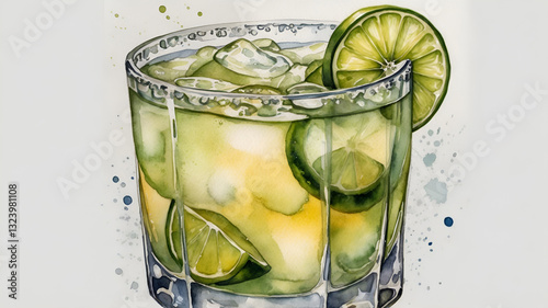 Hand-Painted Watercolor Illustration of a Margarita Cocktail, Isolated on White Background